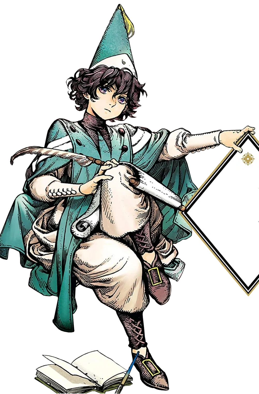 Agott segura uma pena diante da superfície em que desenha